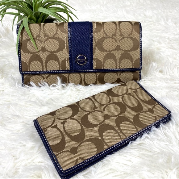 Coach Signature Logo Checkbook Wallet Navy Brown
